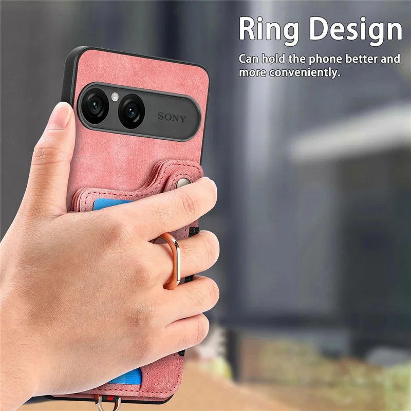 For Sony Xperia 10 VII Retro PU Leather Case Phone Cover with RFID Blocking Card Holder  /  Ring Holder - Pink