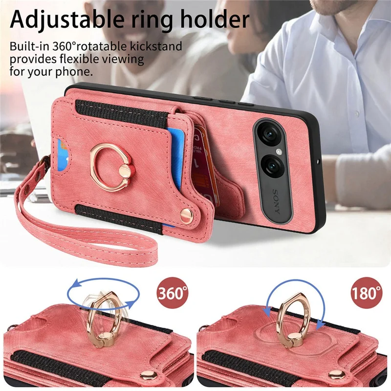 For Sony Xperia 10 VII Retro PU Leather Case Phone Cover with RFID Blocking Card Holder  /  Ring Holder - Pink
