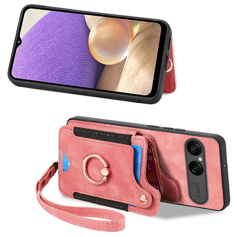 For Sony Xperia 10 VII Retro PU Leather Case Phone Cover with RFID Blocking Card Holder  /  Ring Holder - Pink