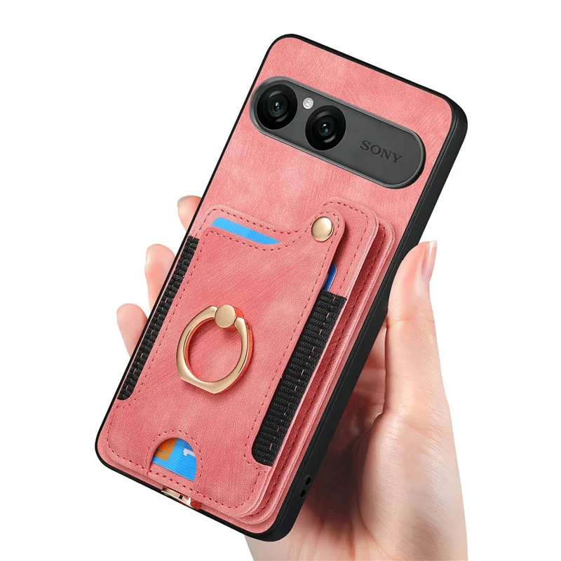 For Sony Xperia 10 VII Retro PU Leather Case Phone Cover with RFID Blocking Card Holder  /  Ring Holder - Pink