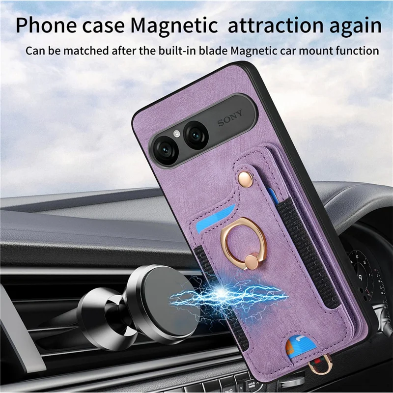 For Sony Xperia 10 VII Retro PU Leather Case Phone Cover with RFID Blocking Card Holder  /  Ring Holder - Pink