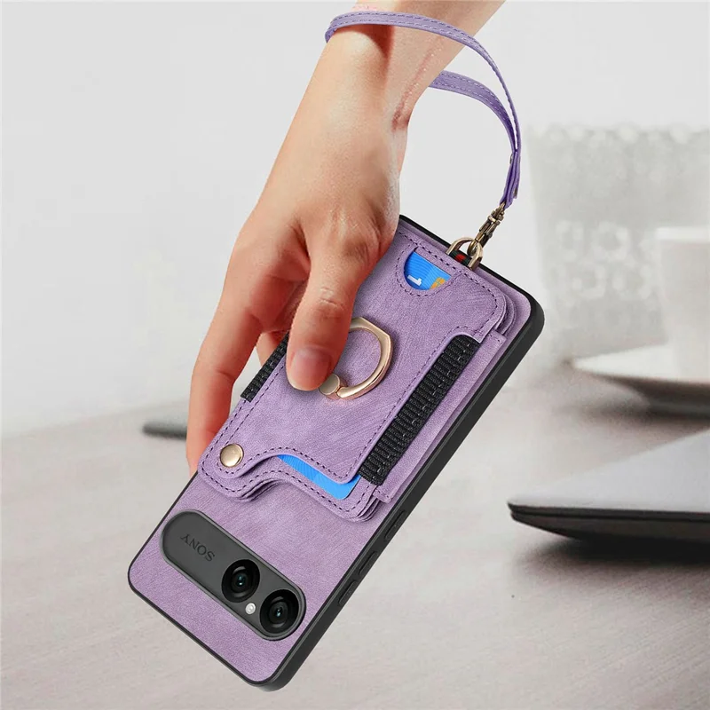 For Sony Xperia 10 VII Retro PU Leather Case Phone Cover with RFID Blocking Card Holder  /  Ring Holder - Pink