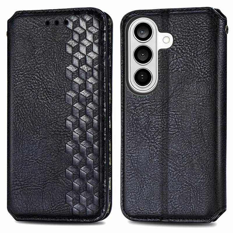 For Samsung Galaxy A57 5G Case Rhombus Imprint PU Leather Wallet Phone Cover - Black