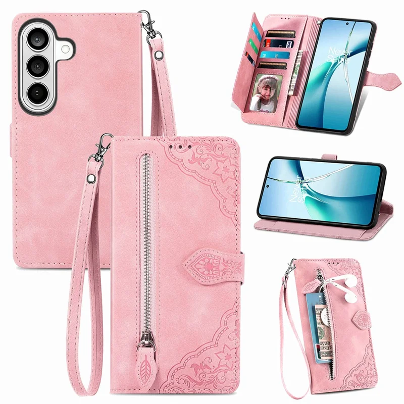 For Samsung Galaxy A57 5G Zipper Wallet Case with Strap Flower Imprint PU Leather Phone Cover - Pink