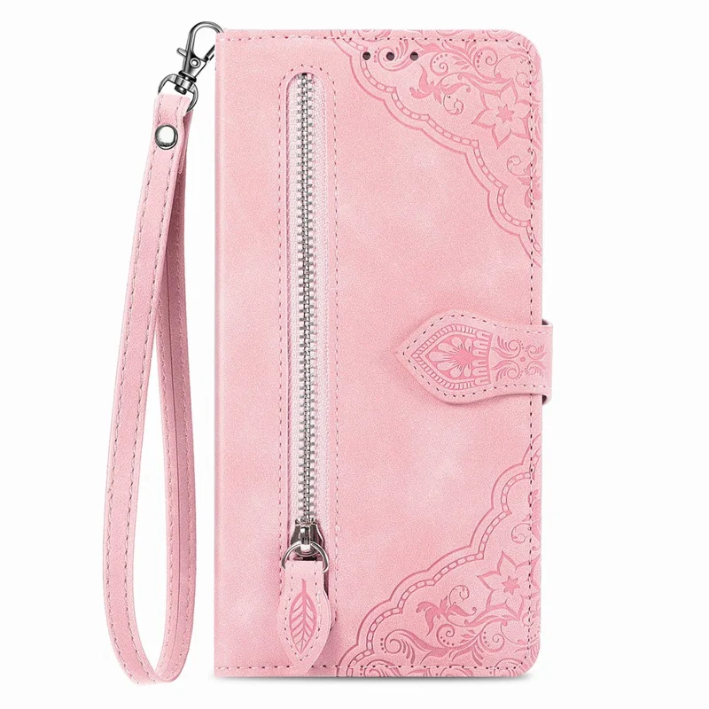 For Samsung Galaxy A57 5G Zipper Wallet Case with Strap Flower Imprint PU Leather Phone Cover - Pink