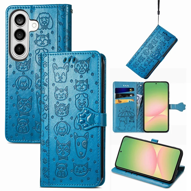 For Samsung Galaxy A57 5G Case Flip Wallet Leather Phone Cover with Cute Cat Dog Pattern - Blue