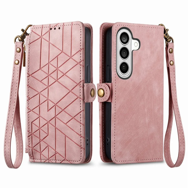 For Samsung Galaxy A57 5G Case Zipper Wallet Geometry Lines Leather Phone Cover with Strap - Pink