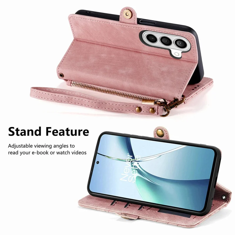 For Samsung Galaxy A57 5G Case Zipper Wallet Geometry Lines Leather Phone Cover with Strap - Pink