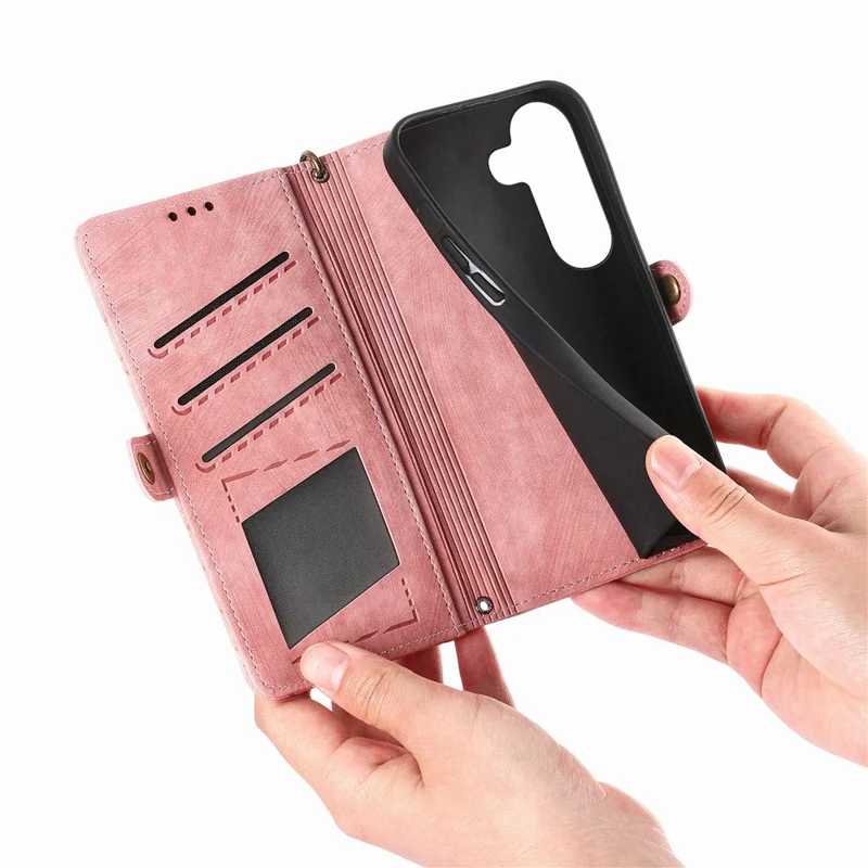 For Samsung Galaxy A57 5G Case Zipper Wallet Geometry Lines Leather Phone Cover with Strap - Pink