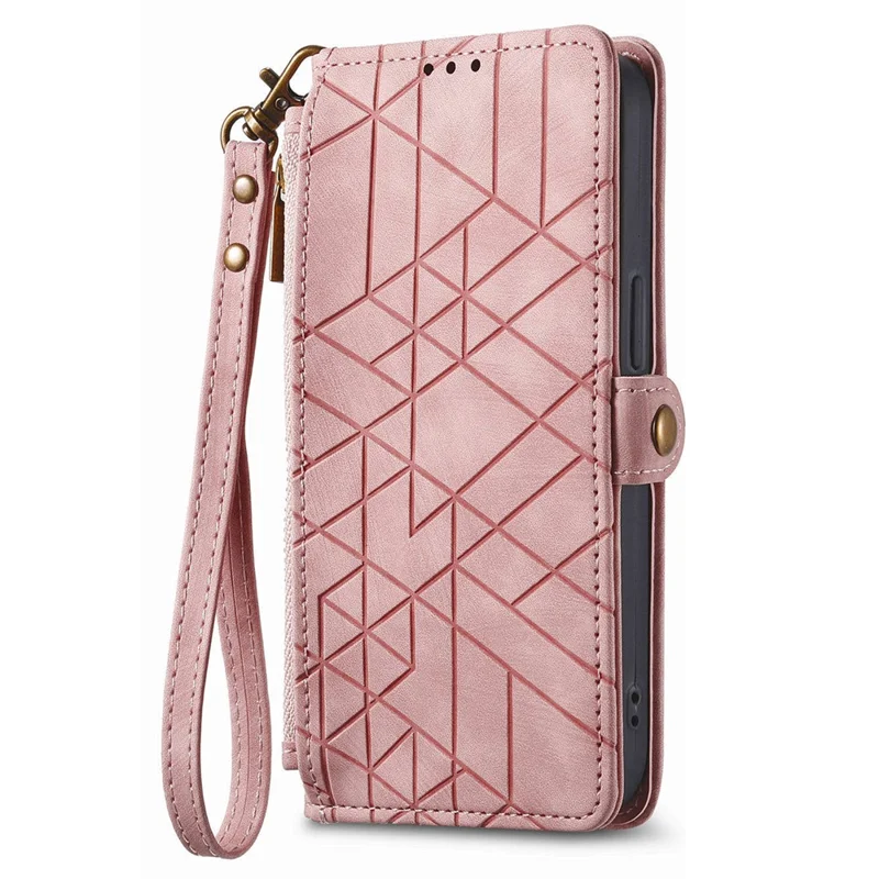 For Samsung Galaxy A57 5G Case Zipper Wallet Geometry Lines Leather Phone Cover with Strap - Pink