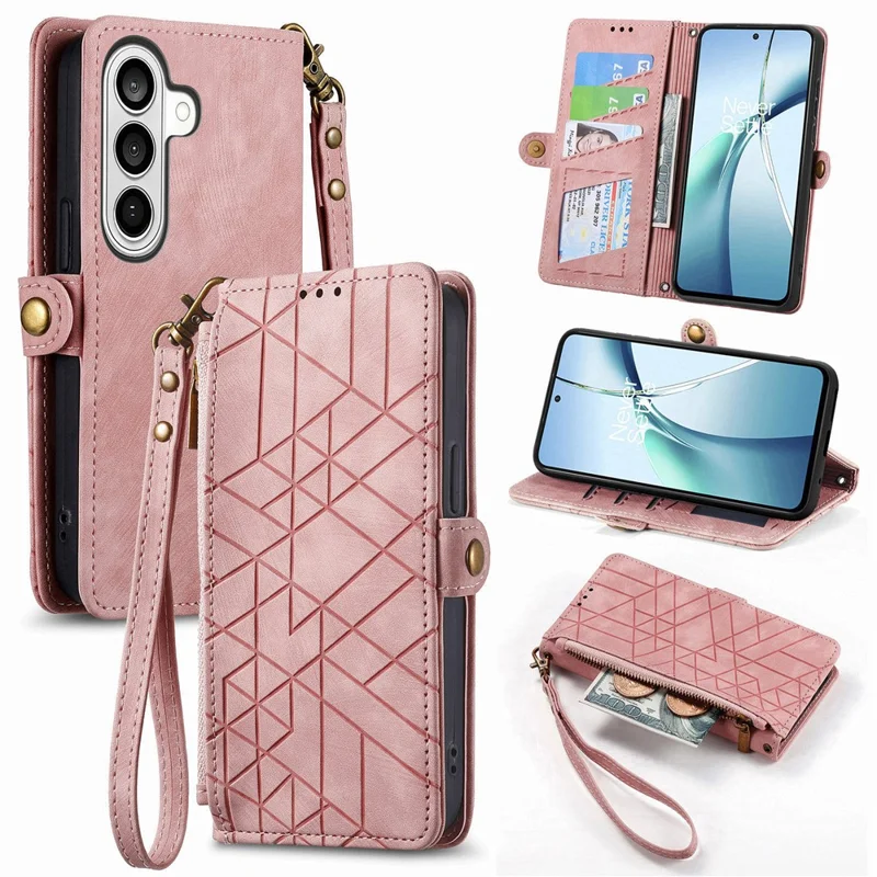For Samsung Galaxy A57 5G Case Zipper Wallet Geometry Lines Leather Phone Cover with Strap - Pink