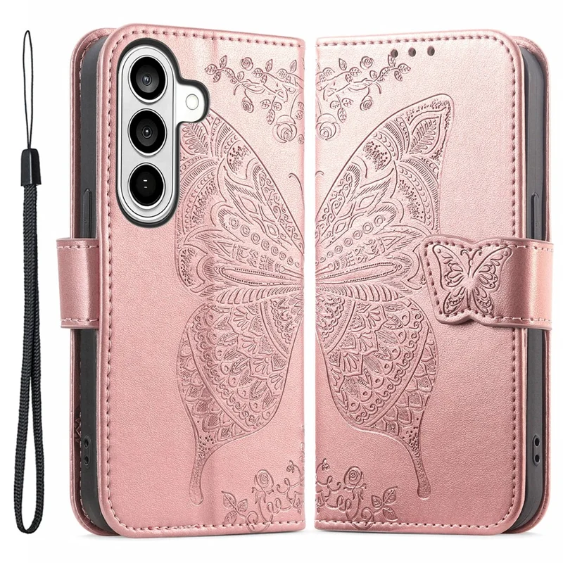 For Samsung Galaxy A57 5G Case with Strap Butterfly Pattern PU Leather Wallet Phone Cover - Rose Gold