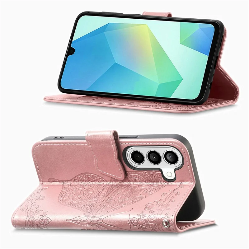 For Samsung Galaxy A57 5G Case with Strap Butterfly Pattern PU Leather Wallet Phone Cover - Rose Gold