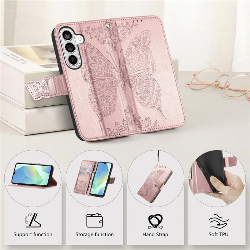 For Samsung Galaxy A57 5G Case with Strap Butterfly Pattern PU Leather Wallet Phone Cover - Rose Gold
