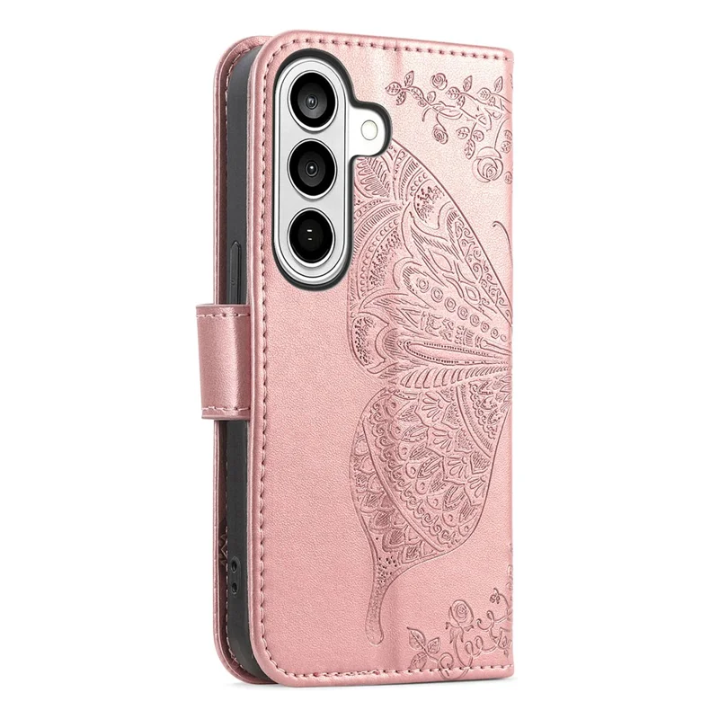 For Samsung Galaxy A37 5G Case with Strap Butterfly Pattern PU Leather Wallet Phone Cover - Rose Gold