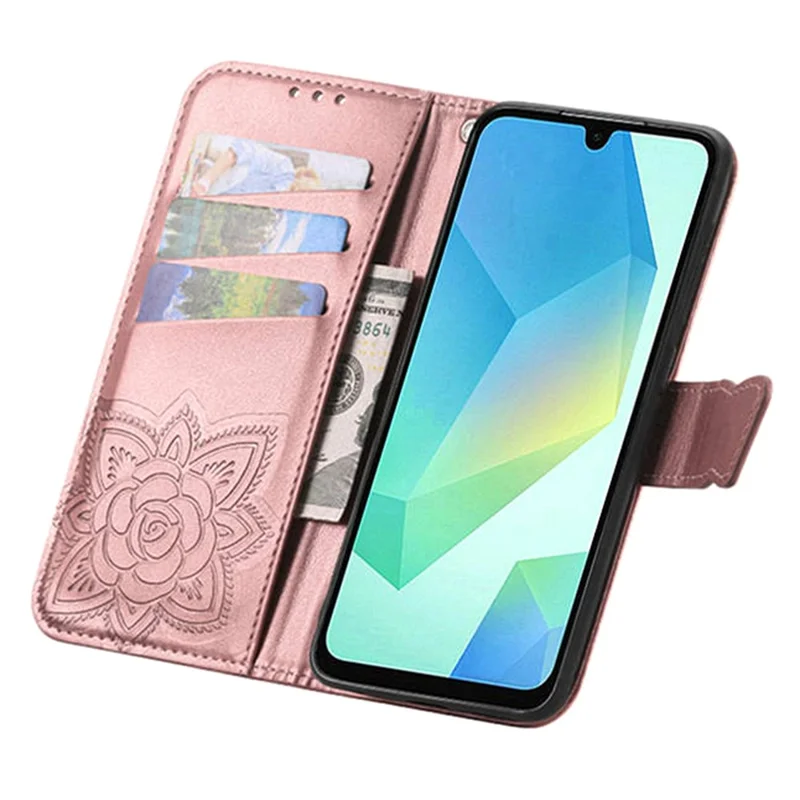 For Samsung Galaxy A37 5G Case with Strap Butterfly Pattern PU Leather Wallet Phone Cover - Rose Gold