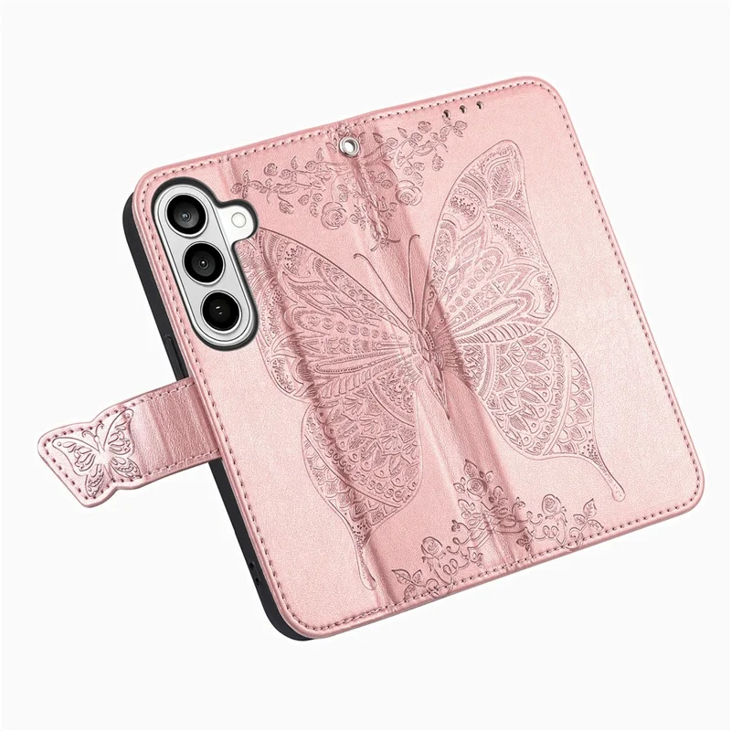 For Samsung Galaxy A37 5G Case with Strap Butterfly Pattern PU Leather Wallet Phone Cover - Rose Gold