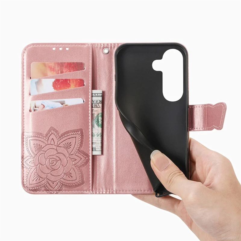 For Samsung Galaxy A37 5G Case with Strap Butterfly Pattern PU Leather Wallet Phone Cover - Rose Gold