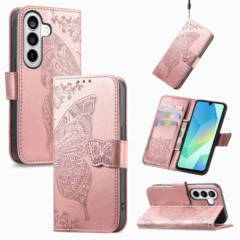 For Samsung Galaxy A37 5G Case with Strap Butterfly Pattern PU Leather Wallet Phone Cover - Rose Gold