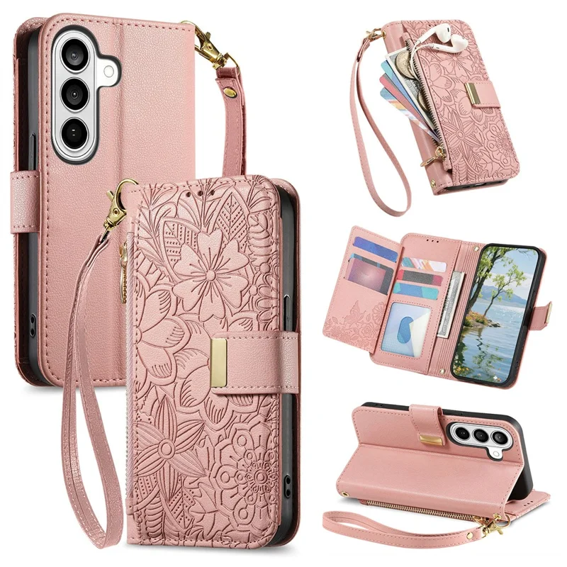 For Samsung Galaxy A57 5G Case Floral Leaf Pattern Multi Card Slots Zipper Leather Phone Cover with Wrist Strap - Pink