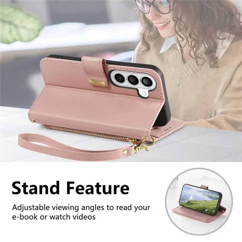 For Samsung Galaxy A57 5G Case Floral Leaf Pattern Multi Card Slots Zipper Leather Phone Cover with Wrist Strap - Pink