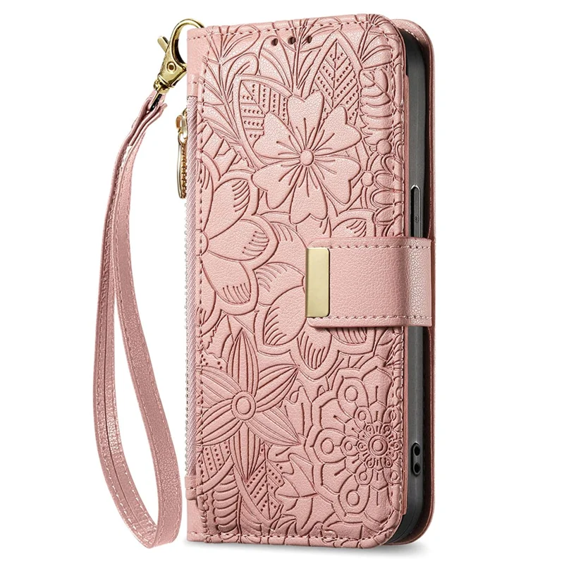 For Samsung Galaxy A57 5G Case Floral Leaf Pattern Multi Card Slots Zipper Leather Phone Cover with Wrist Strap - Pink