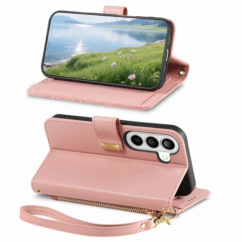 For Samsung Galaxy A37 5G Case Floral Leaf Pattern Multi Card Slots Zipper Leather Phone Cover with Wrist Strap - Pink