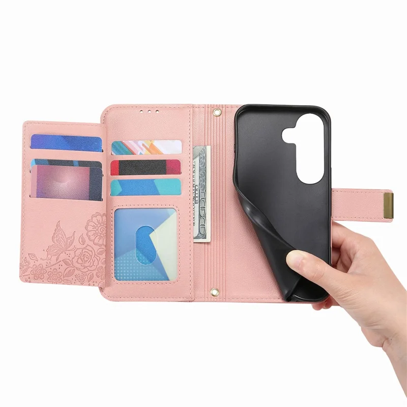 For Samsung Galaxy A37 5G Case Floral Leaf Pattern Multi Card Slots Zipper Leather Phone Cover with Wrist Strap - Pink