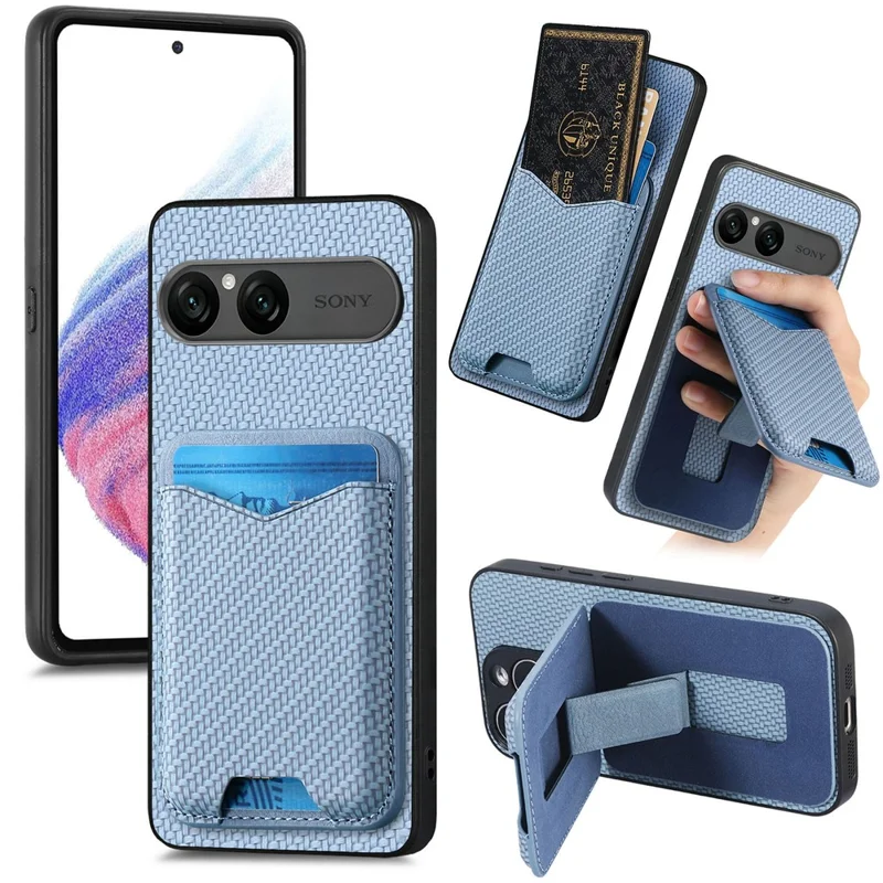 CASENEO C1-19 for Sony Xperia 10 VII Case Folding Kickstand Leather Back Cover Carbon Fiber Texture - Blue