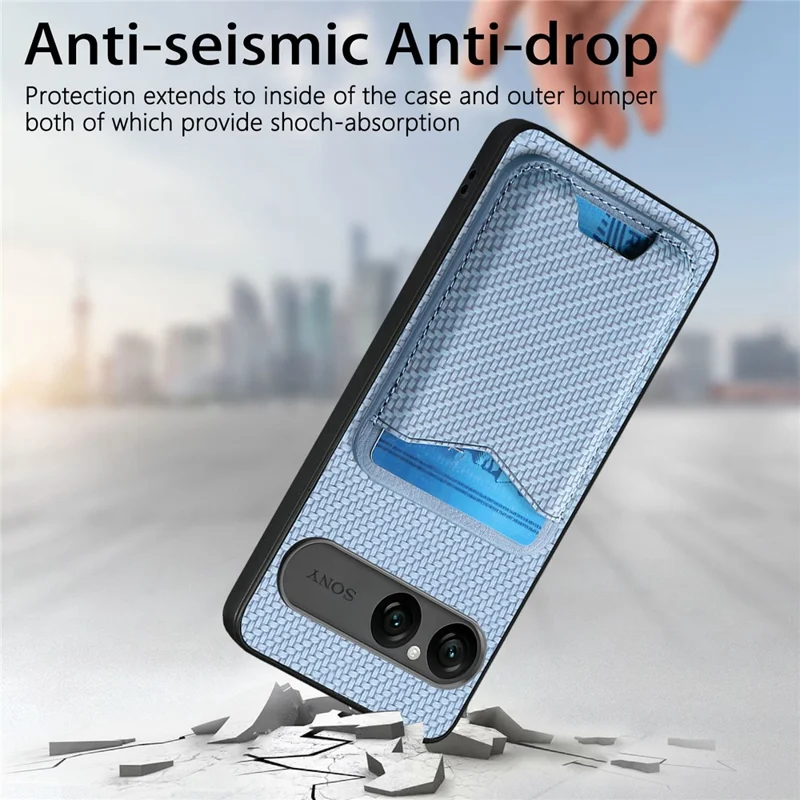 CASENEO C1-19 for Sony Xperia 10 VII Case Folding Kickstand Leather Back Cover Carbon Fiber Texture - Blue