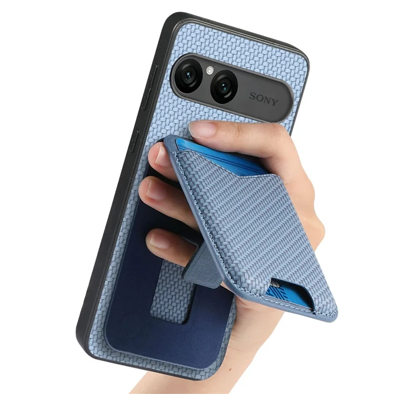 CASENEO C1-19 for Sony Xperia 10 VII Case Folding Kickstand Leather Back Cover Carbon Fiber Texture - Blue