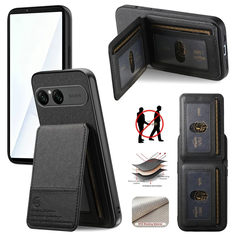 For Sony Xperia 10 VII Case Cloth Texture Leather + PC + TPU Cover with RFID Blocking Card Holder - Black