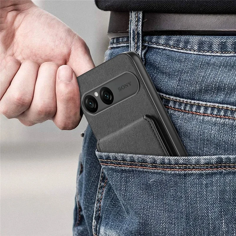 For Sony Xperia 10 VII Case Cloth Texture Leather + PC + TPU Cover with RFID Blocking Card Holder - Black