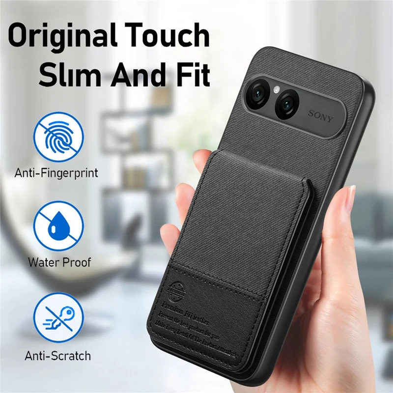 For Sony Xperia 10 VII Case Cloth Texture Leather + PC + TPU Cover with RFID Blocking Card Holder - Black