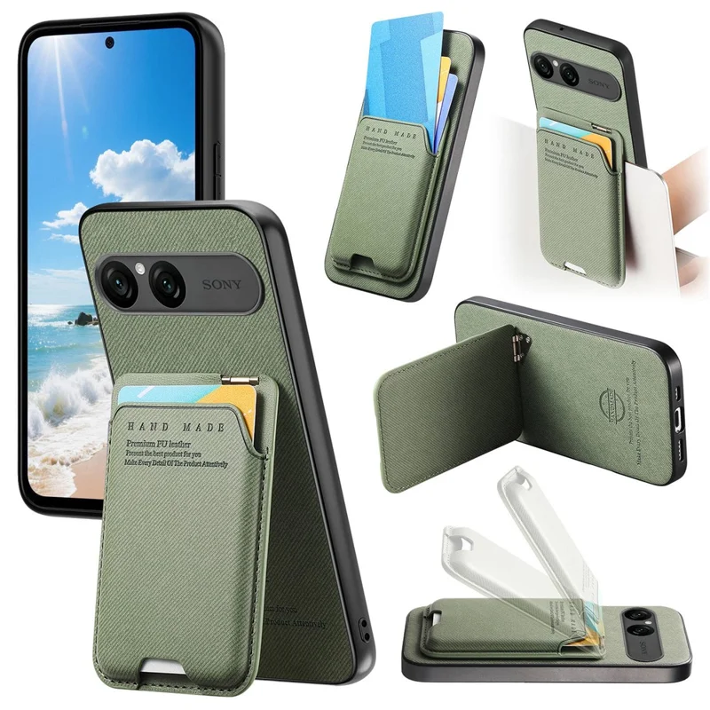 For Sony Xperia 10 VII Case Cloth Texture Leather + PC + TPU Phone Cover with Card Holder Kickstand - Green