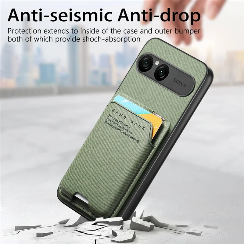 For Sony Xperia 10 VII Case Cloth Texture Leather + PC + TPU Phone Cover with Card Holder Kickstand - Green