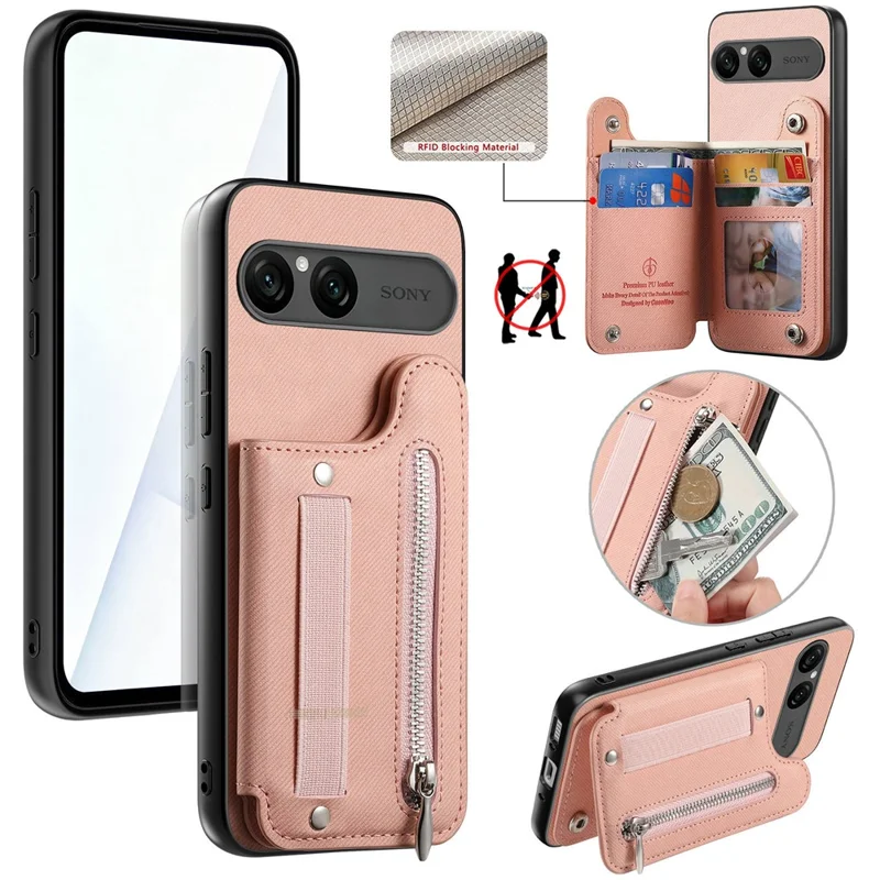 For Sony Xperia 10 VII Case RFID Blocking Card Holder Jeans Cloth Texture Leather Back Cover with Elastic Wristband - Pink