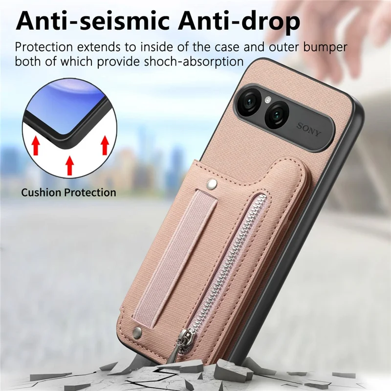 For Sony Xperia 10 VII Case RFID Blocking Card Holder Jeans Cloth Texture Leather Back Cover with Elastic Wristband - Pink