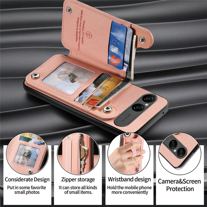 For Sony Xperia 10 VII Case RFID Blocking Card Holder Jeans Cloth Texture Leather Back Cover with Elastic Wristband - Pink