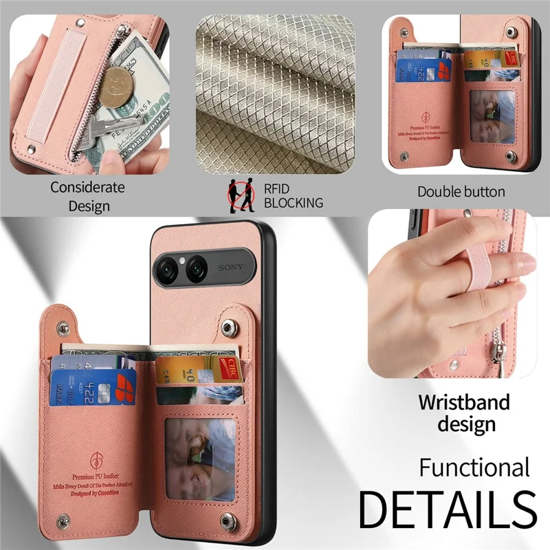 For Sony Xperia 10 VII Case RFID Blocking Card Holder Jeans Cloth Texture Leather Back Cover with Elastic Wristband - Pink