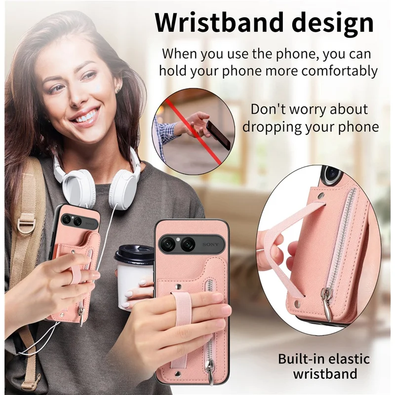 For Sony Xperia 10 VII Case RFID Blocking Card Holder Jeans Cloth Texture Leather Back Cover with Elastic Wristband - Pink