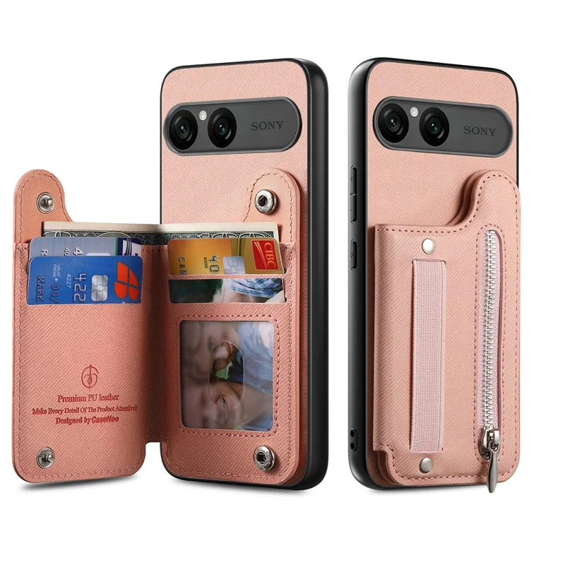 For Sony Xperia 10 VII Case RFID Blocking Card Holder Jeans Cloth Texture Leather Back Cover with Elastic Wristband - Pink