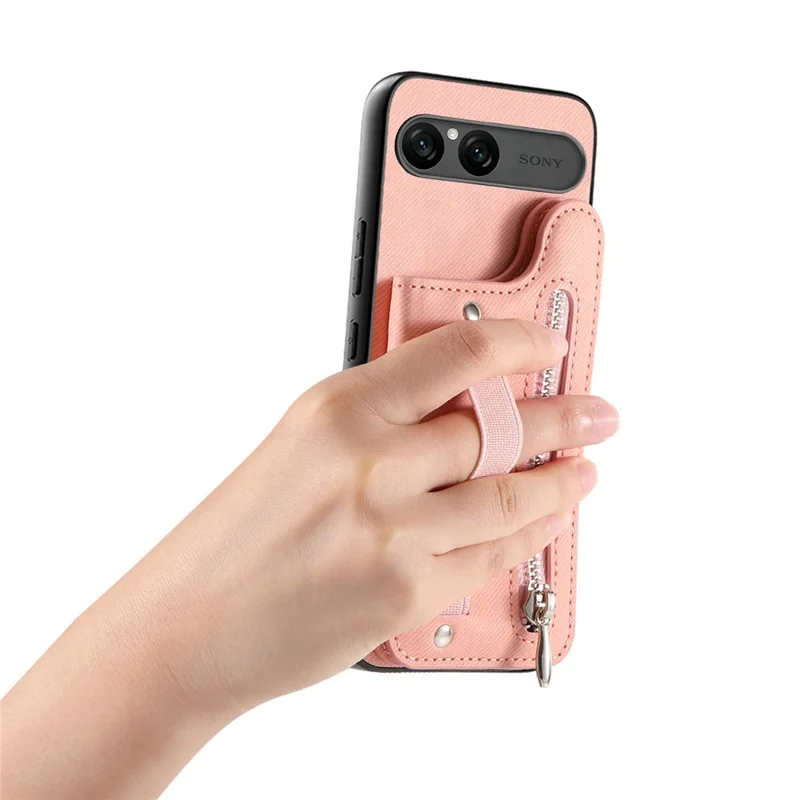 For Sony Xperia 10 VII Case RFID Blocking Card Holder Jeans Cloth Texture Leather Back Cover with Elastic Wristband - Pink