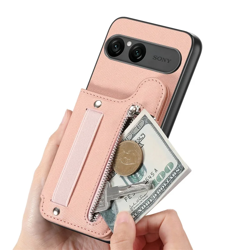 For Sony Xperia 10 VII Case RFID Blocking Card Holder Jeans Cloth Texture Leather Back Cover with Elastic Wristband - Pink