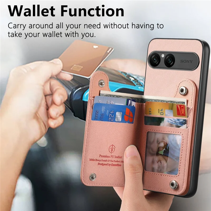 For Sony Xperia 10 VII Case RFID Blocking Card Holder Jeans Cloth Texture Leather Back Cover with Elastic Wristband - Pink