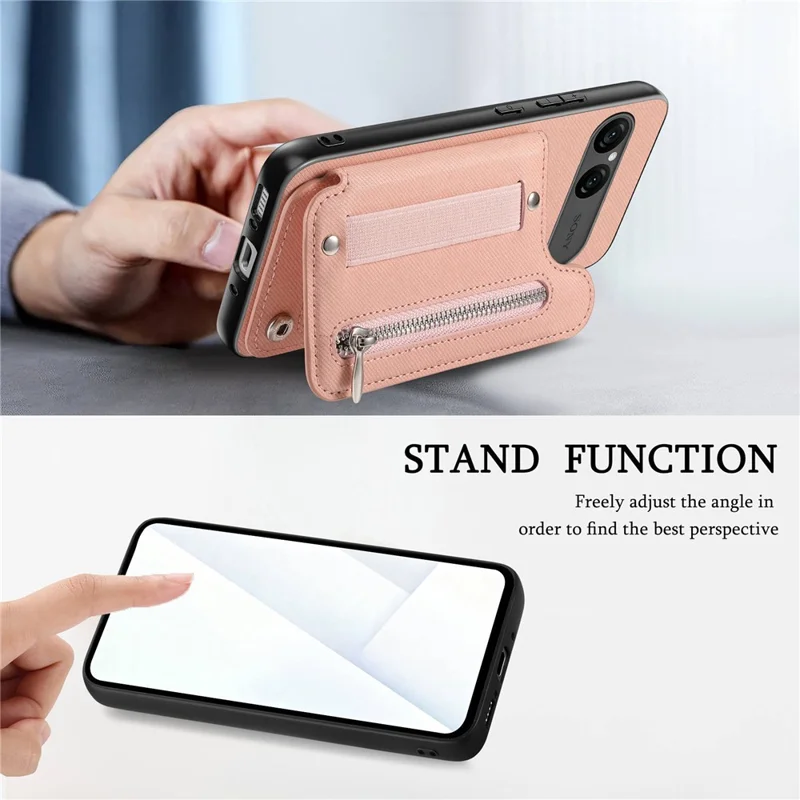 For Sony Xperia 10 VII Case RFID Blocking Card Holder Jeans Cloth Texture Leather Back Cover with Elastic Wristband - Pink