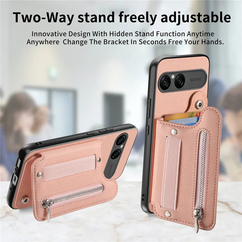 For Sony Xperia 10 VII Case RFID Blocking Card Holder Jeans Cloth Texture Leather Back Cover with Elastic Wristband - Pink