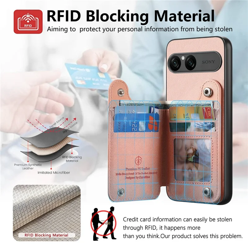 For Sony Xperia 10 VII Case RFID Blocking Card Holder Jeans Cloth Texture Leather Back Cover with Elastic Wristband - Pink