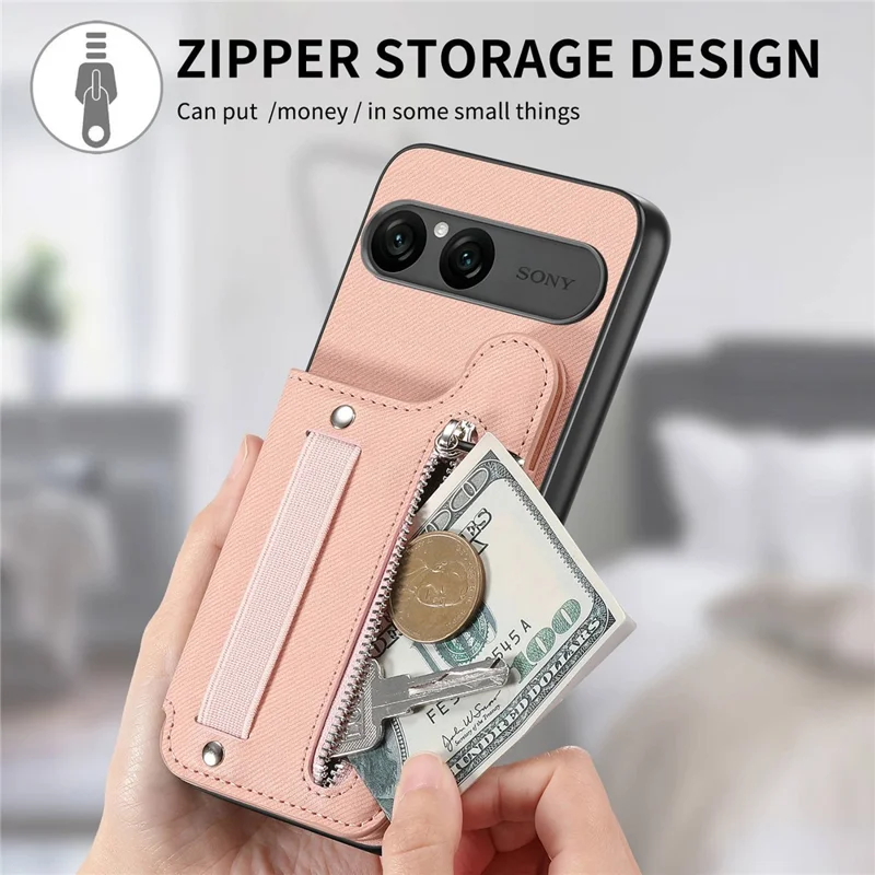 For Sony Xperia 10 VII Case RFID Blocking Card Holder Jeans Cloth Texture Leather Back Cover with Elastic Wristband - Pink