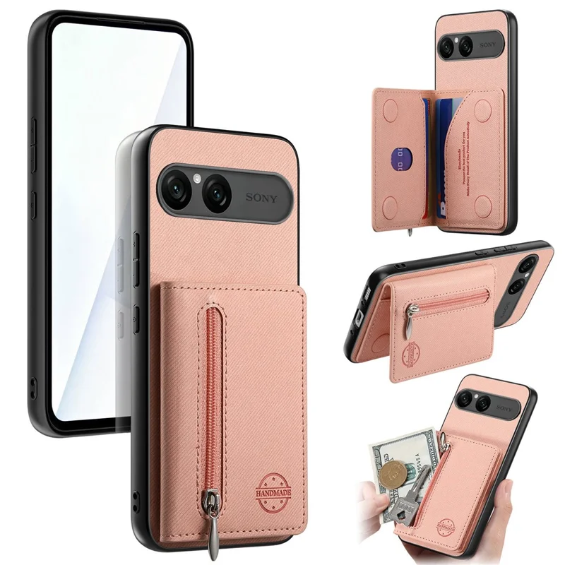 For Sony Xperia 10 VII Case Zipper Card Holder Kickstand Jeans Cloth Texture Leather Back Cover - Pink